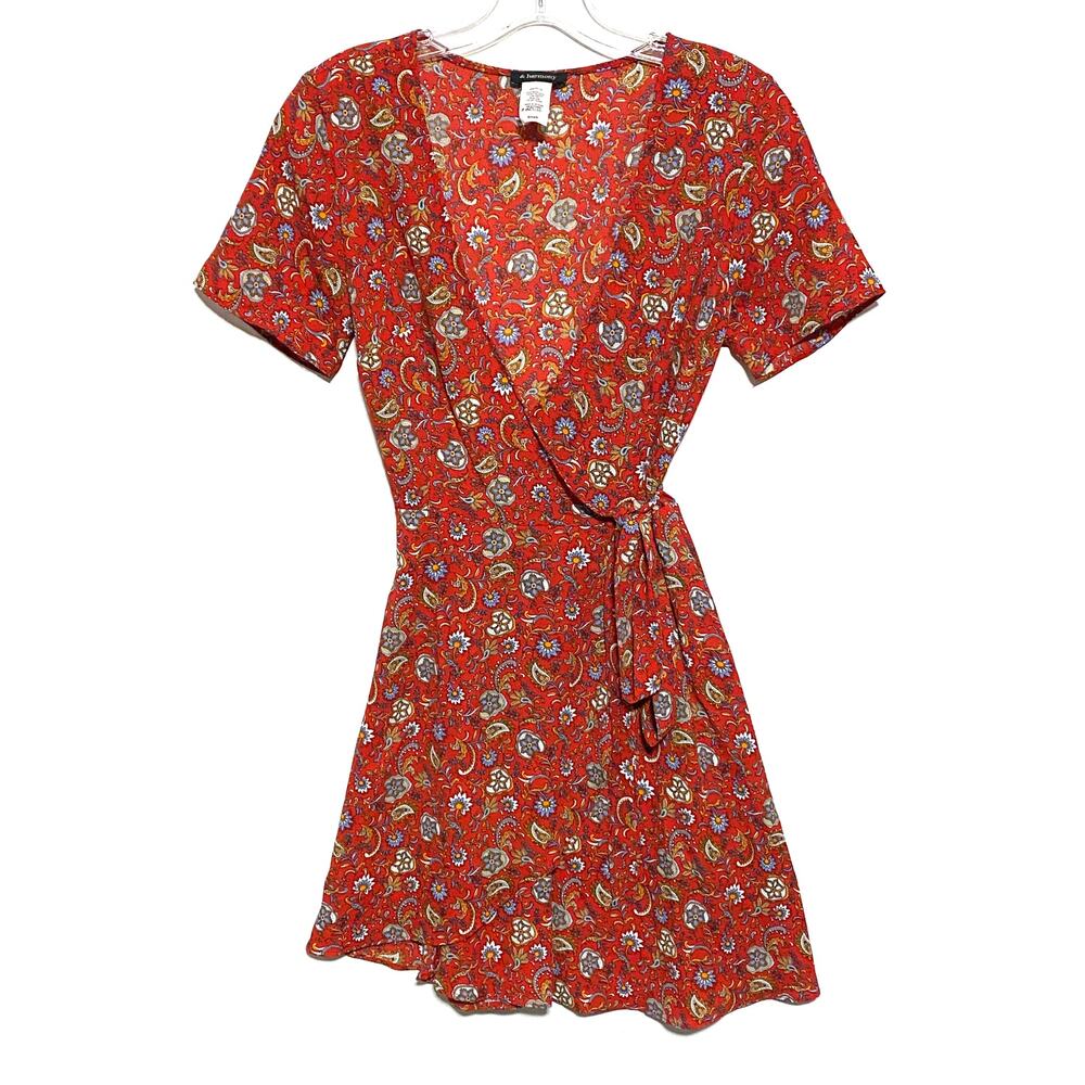 Red Paisley Floral V Neck Wrap Dress Womens S Tie Waist Boho Chic Summer Rayon